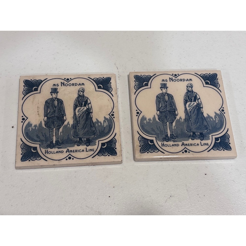 Vintage Holland America Line MS Noordam Ceramic Tiles Coasters Blue White Set 2